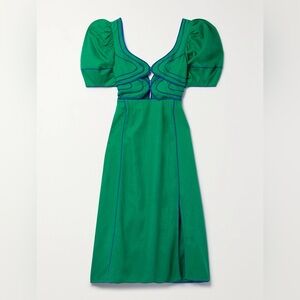 FARM Rio piped cutout linen-blend green midi dress